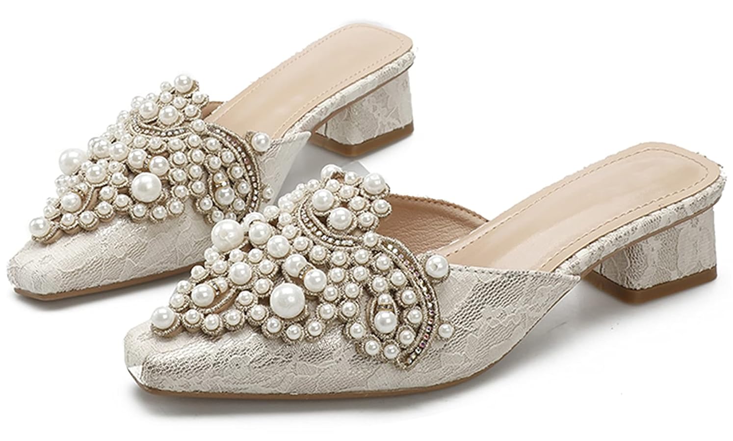 Amazon.com | INEELUYI Women's Square Toe Mules Shoes Pearl